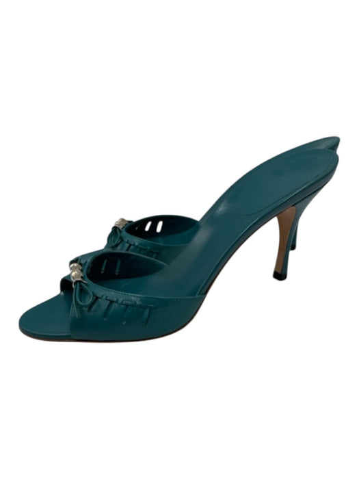 Gucci Shoe Size 6.5 Teal Blue Leather Silver Tone Accent Bamboo Detail Bow Mules Teal Blue / 6.5