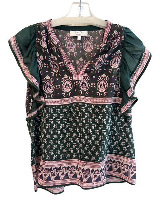 Sea New York Size 4 Green, Red & Multi Cotton Blend Sleeveless Ruffles Top Green, Red & Multi / 4