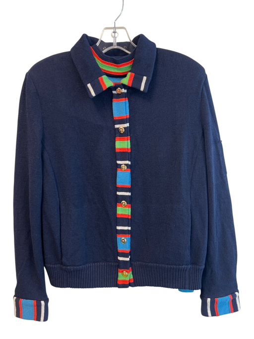 St John Sport Size M navy blue & multi Wool Blend Long Sleeve Striped Collar Top navy blue & multi / M