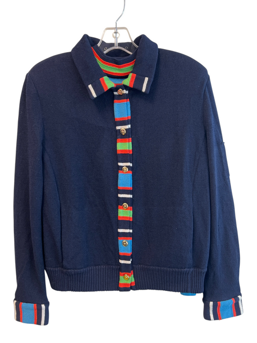 St John Sport Size M navy blue & multi Wool Blend Long Sleeve Striped Collar Top navy blue & multi / M