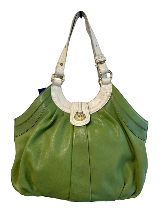 Brahmin Green & White Leather Shoulder Bag Gold Hardware Zip Pocket Bag Green & White / S/M