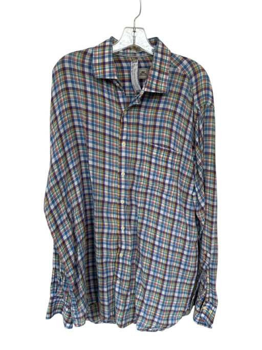 Peter Millar Size XL Purple & Multi Print Linen Plaid Button Down Men's Shirt Purple & Multi Print / XL