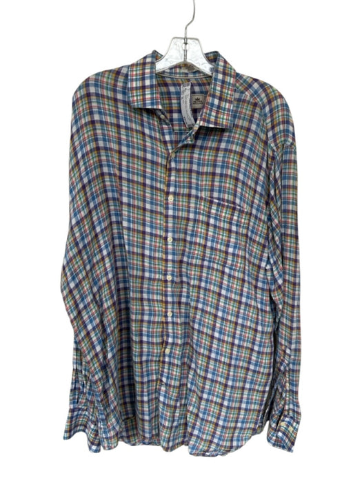 Peter Millar Size XL Purple & Multi Print Linen Plaid Button Down Men's Shirt Purple & Multi Print / XL