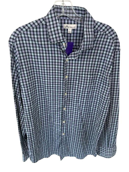 Peter Millar Size M Teal & Purple Print Nylon Blend Checkered Button Down Shirt Teal & Purple Print / M