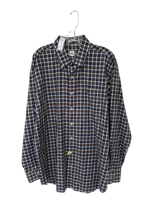Peter Millar Size XL Navy & Brown Cotton Plaid Button Down Men's Shirt Navy & Brown / XL