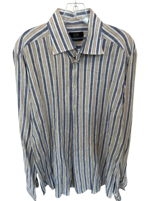 Eton Size 17.5 Tan & Navy Print Linen Striped Button Down Men's Shirt Tan & Navy Print / 17.5