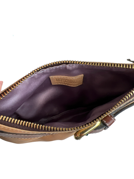 Moschino Brown Manmade Material Buckle Detail Zip Close Wristlet Lined Bag Brown / Small