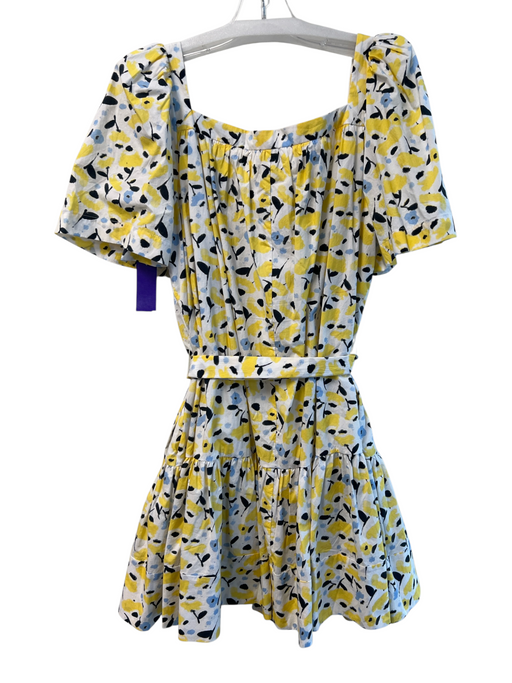 Tanya Taylor Size Large White, Yellow & Blue Cotton Square Neck Tie Waist Dress White, Yellow & Blue / Large