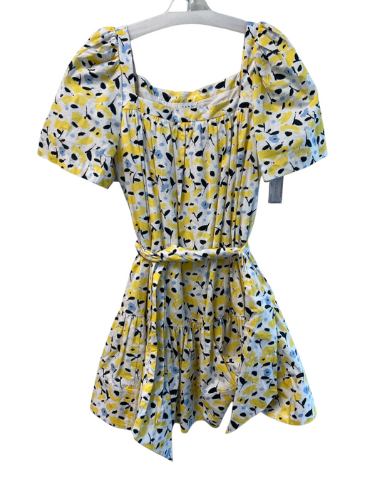 Tanya Taylor Size Large White, Yellow & Blue Cotton Square Neck Tie Waist Dress White, Yellow & Blue / Large