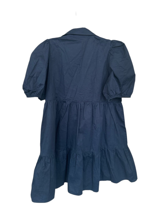 TCEC Size L Navy Cotton Collar Button Up Balloon Sleeve Tiered Dress Navy / L