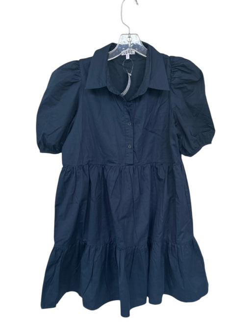 TCEC Size L Navy Cotton Collar Button Up Balloon Sleeve Tiered Dress Navy / L