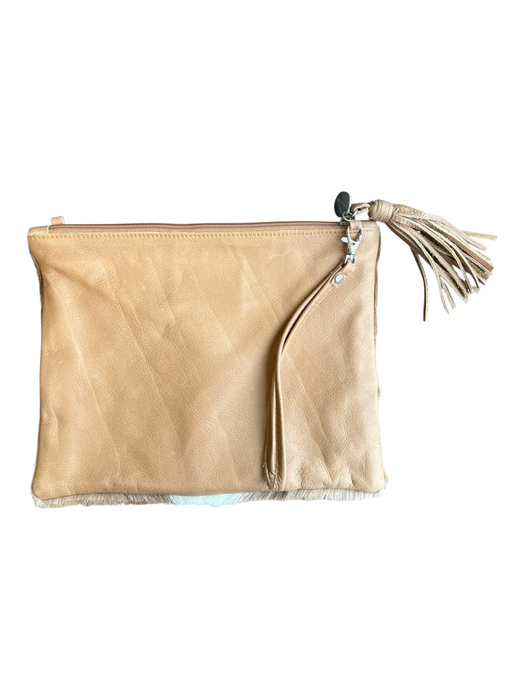 Vash Brown No Fabric Tag Cowhide Zip Close Tassle Detail Clutch Bag Brown / Large