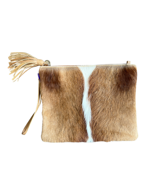 Vash Brown No Fabric Tag Cowhide Zip Close Tassle Detail Clutch Bag Brown / Large