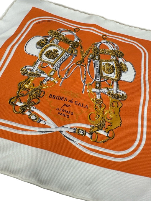 Hermes Orange, White, Gold Silk Square Brides de Gala rolled hem scarf Orange, White, Gold / Mini