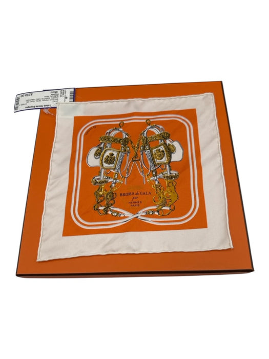 Hermes Orange, White, Gold Silk Square Brides de Gala rolled hem scarf Orange, White, Gold / Mini