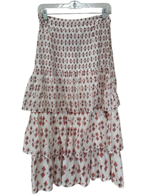 Free People Size 6 White & Orange Cotton Tiered Elastic Waist Maxi Skirt White & Orange / 6