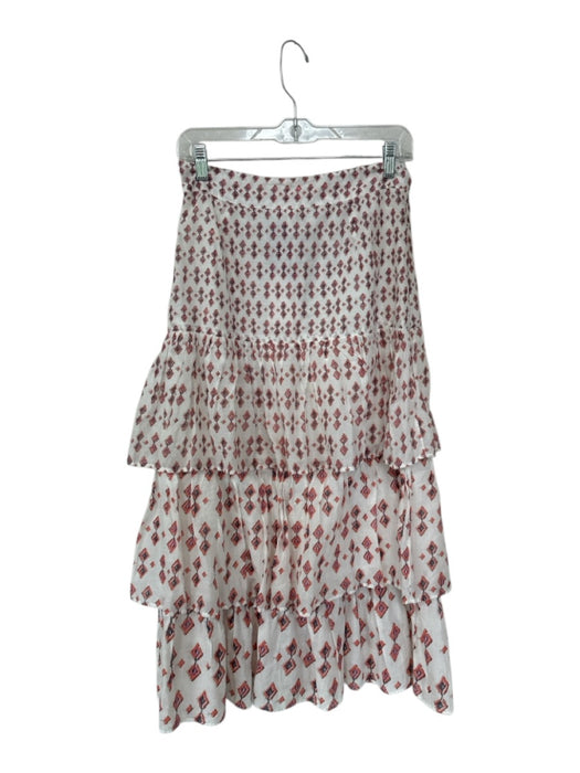 Free People Size 6 White & Orange Cotton Tiered Elastic Waist Maxi Skirt White & Orange / 6