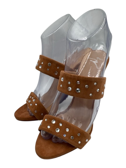 Giuseppe Zanotti Shoe Size 38 Tan Brown Leather Suede open toe Crystal Pumps Tan Brown / 38
