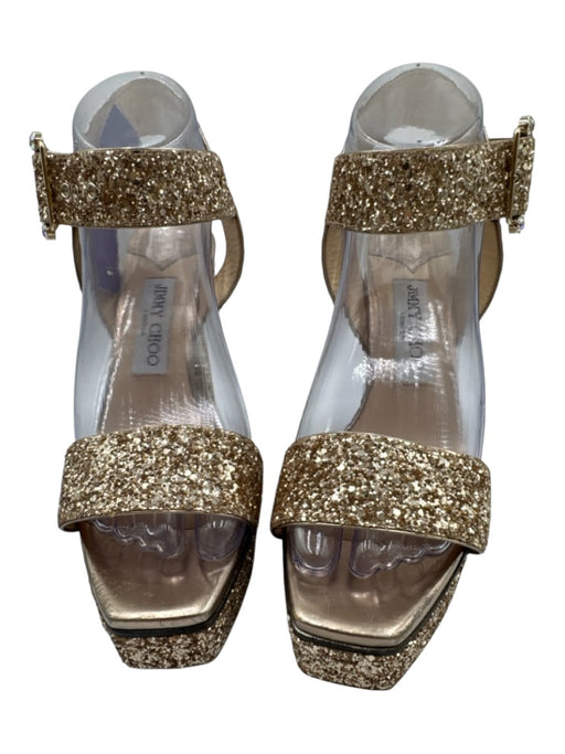 Jimmy Choo Shoe Size 38 Gold Leather open toe Glitter Square Toe Pumps Gold / 38