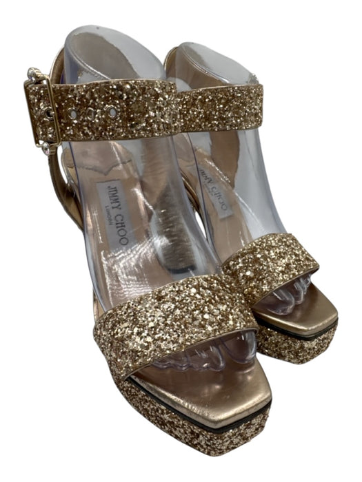 Jimmy Choo Shoe Size 38 Gold Leather open toe Glitter Square Toe Pumps Gold / 38