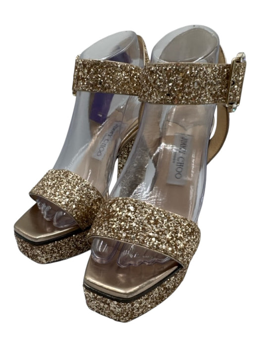 Jimmy Choo Shoe Size 38 Gold Leather open toe Glitter Square Toe Pumps Gold / 38