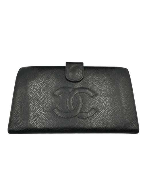 Chanel Black Caviar Leather Snap Button Interlocking CC Bifold Wallets Black