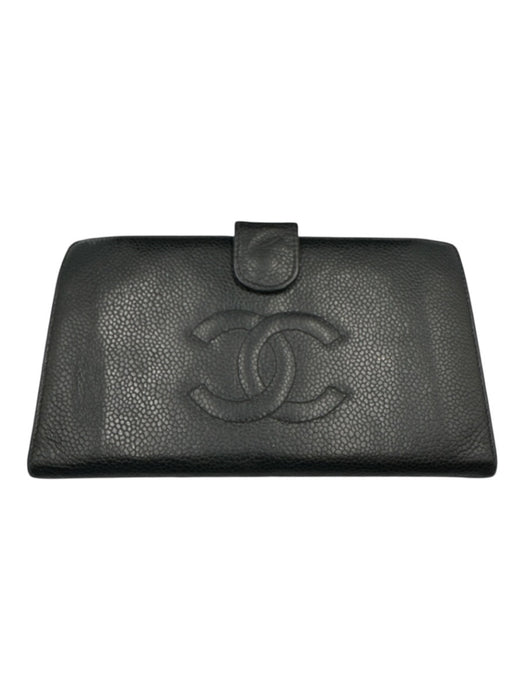 Chanel Black Caviar Leather Snap Button Interlocking CC Bifold Wallets Black