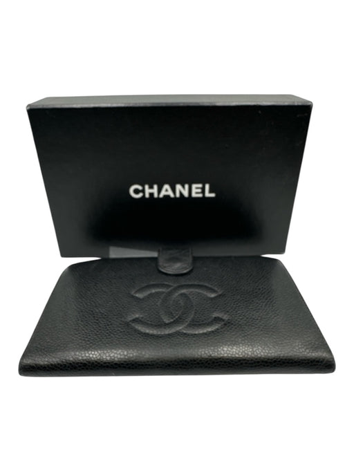 Chanel Black Caviar Leather Snap Button Interlocking CC Bifold Wallets Black