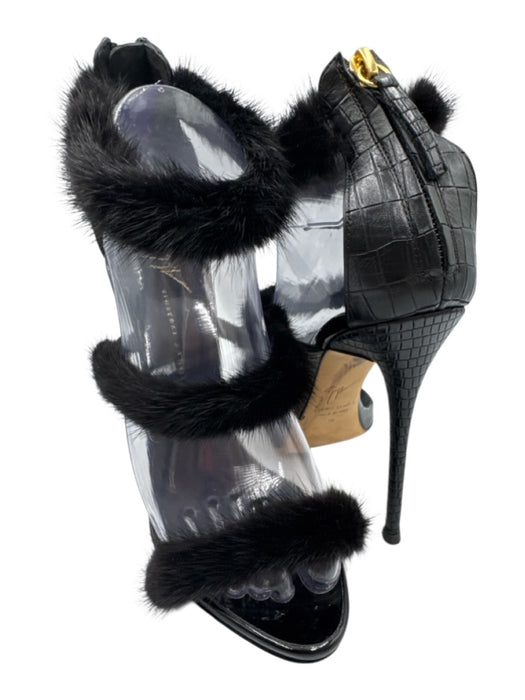 Giuseppe Zanotti Shoe Size 38 Black Leather Toe Strap Mink Trim Back Zip Pumps Black / 38