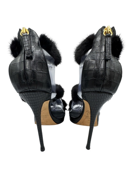 Giuseppe Zanotti Shoe Size 38 Black Leather Toe Strap Mink Trim Back Zip Pumps Black / 38