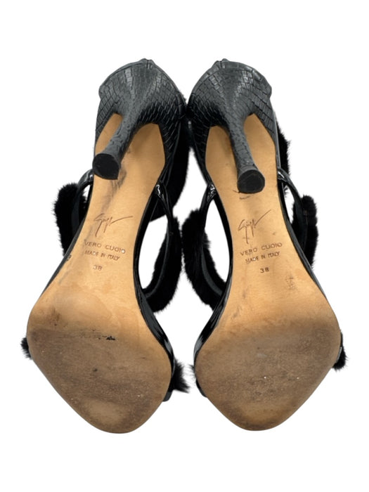 Giuseppe Zanotti Shoe Size 38 Black Leather Toe Strap Mink Trim Back Zip Pumps Black / 38