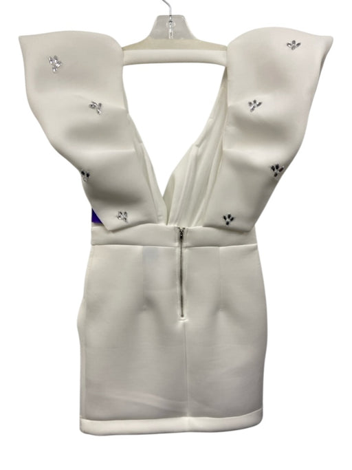 Mable Size M White Polyester Crystal Accents Puff Cap Sleeve Deep v neck Dress White / M