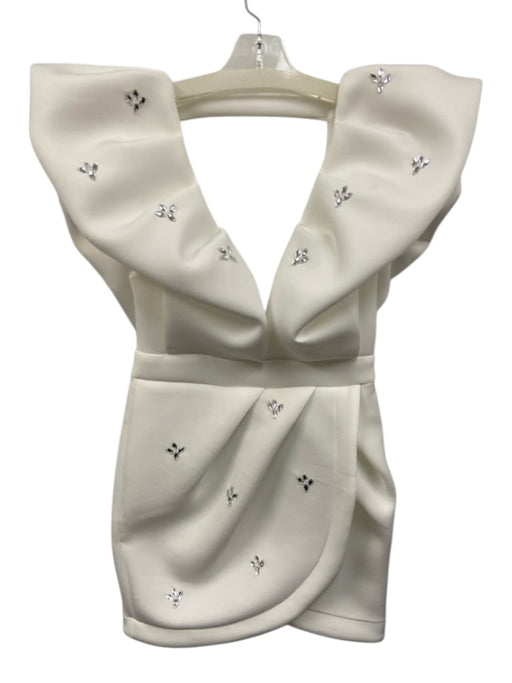 Mable Size M White Polyester Crystal Accents Puff Cap Sleeve Deep v neck Dress White / M