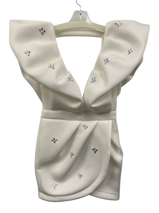 Mable Size M White Polyester Crystal Accents Puff Cap Sleeve Deep v neck Dress White / M