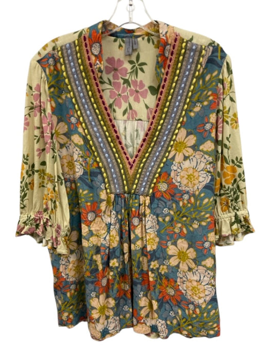 Blank London Size XL Blue & Multi Viscose Floral 1/2 Sleeve V Neck Top Blue & Multi / XL