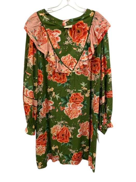 Farm for Anthropologie Size 2X Green & Pink Viscose Floral Ruffle Detail Dress Green & Pink / 2X