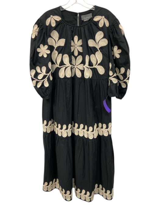 By Anthropologie Size XL Black & Cream White Cotton Embroidered Gathered Dress Black & Cream White / XL
