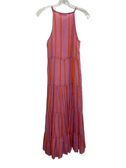 Oliphant Size S Pink & Orange Cotton Sleeveless Stripe Split Neck Maxi Dress Pink & Orange / S