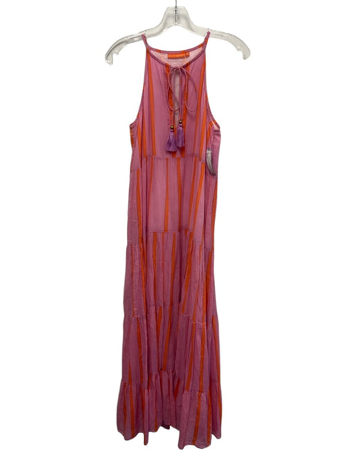 Oliphant Size S Pink & Orange Cotton Sleeveless Stripe Split Neck Maxi Dress Pink & Orange / S