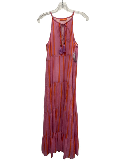 Oliphant Size S Pink & Orange Cotton Sleeveless Stripe Split Neck Maxi Dress Pink & Orange / S