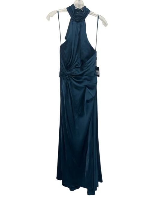 Ieena for Mac Duggal Size 8 Teal Blue Polyester Satin High Neck High Slit Gown Teal Blue / 8