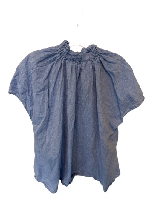 Pomander Place Size XXL Blue Cotton Cap Sleeve Ruffle Collar Buttons Top Blue / XXL