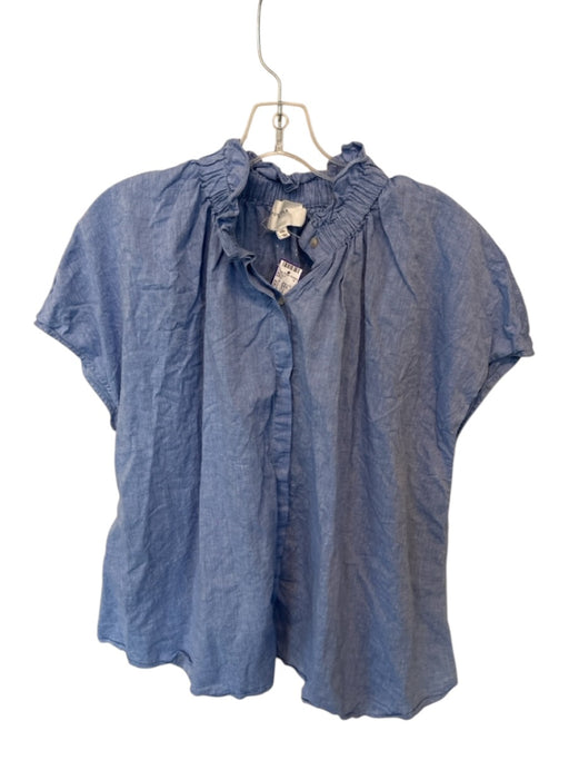 Pomander Place Size XXL Blue Cotton Cap Sleeve Ruffle Collar Buttons Top Blue / XXL
