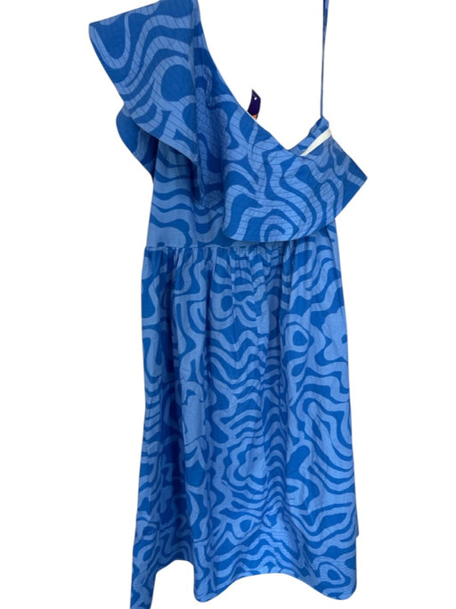 Oliphant Size M Blue Cotton One Shoulder Ruffle Swirl Side Zip Dress Blue / M