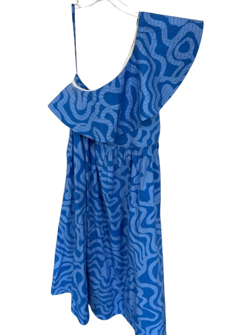 Oliphant Size M Blue Cotton One Shoulder Ruffle Swirl Side Zip Dress Blue / M
