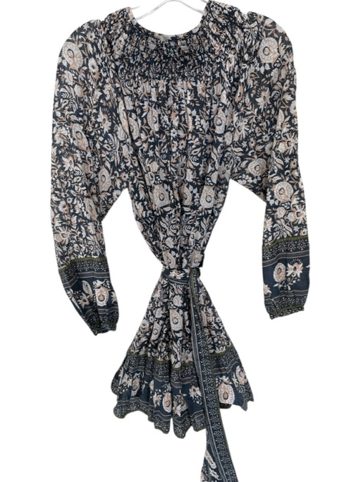 Cleobella Size M Gray & Cream Cotton Long Sleeve Floral Belt Tassel Dress Gray & Cream / M