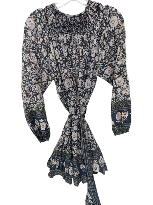 Cleobella Size M Gray & Cream Cotton Long Sleeve Floral Belt Tassel Dress Gray & Cream / M