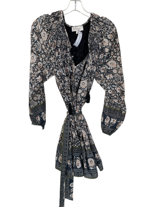 Cleobella Size M Gray & Cream Cotton Long Sleeve Floral Belt Tassel Dress Gray & Cream / M
