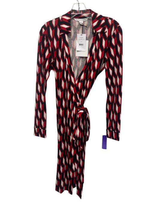 Diane Von Furstenberg Size 8 Black, Red, White Cotton & Silk Long Sleeve Dress Black, Red, White / 8