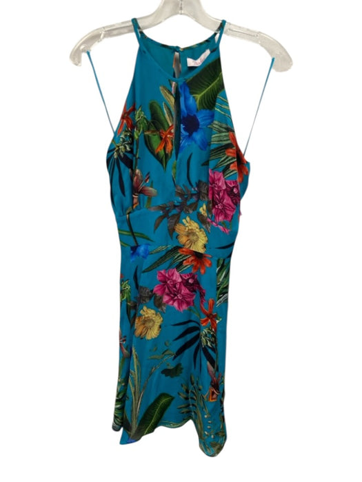 Parker Size M Teal Blue & Multi Silk & Viscose Sleeveless Floral Print Dress Teal Blue & Multi / M